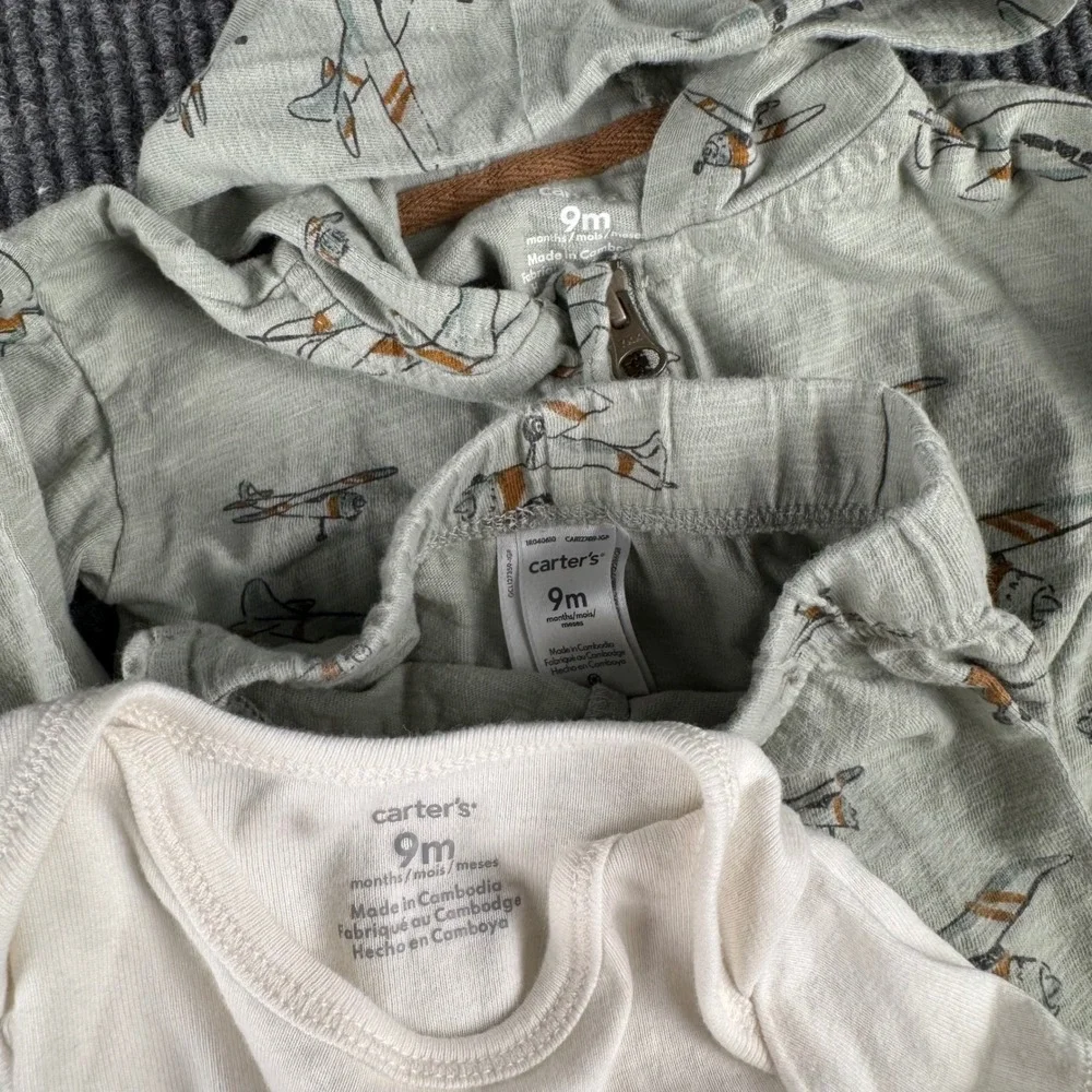 Carters Baby 9M 3-Piece‎ Airplane Set Sage Green Hoodie Joggers Onesie Aviation